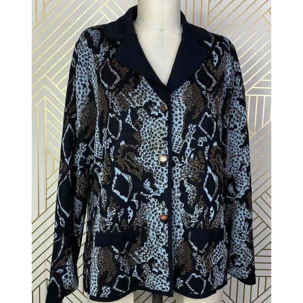 Exclusively Misook Cheetah Snake Animal Print BlackBlueBrown Cardigan Jacket S